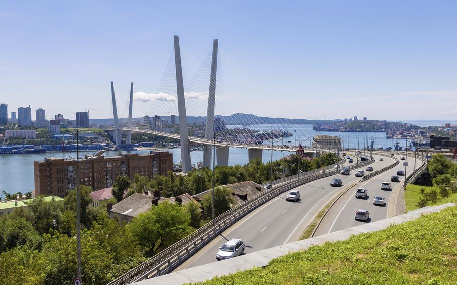 A view of the bridge connecting the Russky Island and Vladivostok in Russia’s far east on Aug. 26, 2023. An American soldier has been arrested in Russia and accused of stealing. 