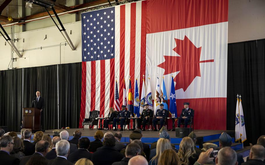Canadian Minister of National Defence Bill S. Blair addresses the audience during the North American Aerospace Defense Command and U.S. Northern Command combined change of command ceremony at Peterson Space Force Base, Colo., Feb. 5, 2024. Also pictured include, seated on stage from left, U.S. Deputy Secretary of Defense Kathleen H. Hicks; U.S. Chairman of the Joint Chiefs of Staff Gen. Charles “CQ” Brown; Canadian Armed Forces Chief of the Defence Staff Gen. Wayne D. Eyre; Gen. Gregory M. Guillot, incoming NORAD and USNORTHCOM commander; and Gen. Glen D. VanHerck, outgoing NORAD and USNORTHCOM commander.