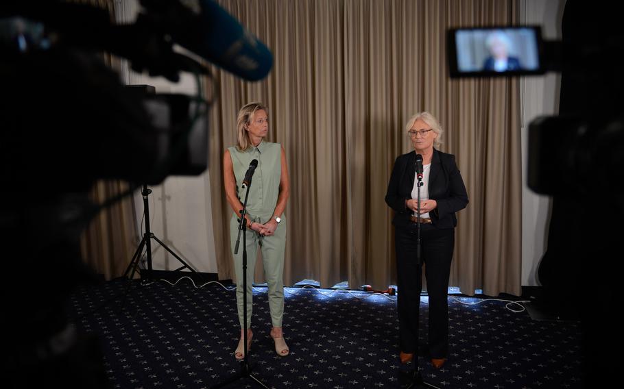 German Defense Minister Christine Lambrecht and her Dutch counterpart Kajsa Ollongren talk to reporters at the Ukrainian Defense Contact Group at Ramstein Air Base, Germany, Sept. 8, 2022. Germany and the Netherlands have pledged additional security support to Ukraine.