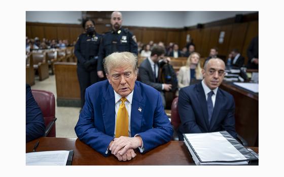 Former U.S. President Donald Trump attends his trial for allegedly covering up hush money payments at Manhattan Criminal Court on May 2, 2024, in New York City. Trump was charged with 34 counts of falsifying business records last year, which prosecutors say was an effort to hide a potential sex scandal, both before and after the 2016 presidential election. Trump is the first former U.S. president to face trial on criminal charges. (Doug Mills/Pool/Getty Images/TNS)