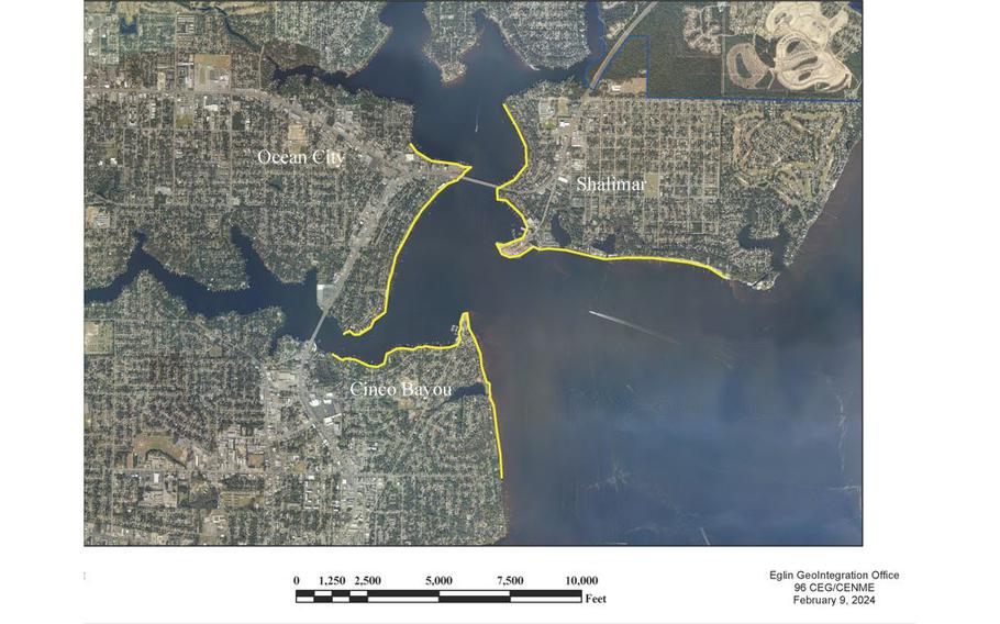 Divers from a Navy Explosive Ordnance Disposal Mobile Unit intend to detonate the three bombs below the surface on Feb. 14, 2024, the Okaloosa County Sheriff’s Office said. The safety zone radius for the detonations is within navigable waters of the yellow highlighted portions on the map.