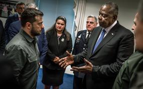 Defense Secretary Lloyd Austin speaks with Ukrainian President Volodymyr Zelenskyy during a visit to the Pentagon on Thursday, Sept. 21, 2023, as Army Gen. Mark Milley, the chairman of the Joint Chiefs of Staff, looks on. During the visit, Austin told Zelenskyy the U.S. and Ukrainian partners will continue to help build “a more robust Ukrainian force” that’s “capable of defending Ukraine for years to come.”