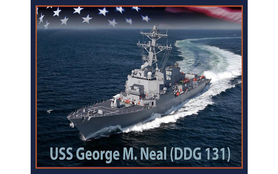 An artist rendering of the future Arleigh Burke-class guided-missile destroyer USS George M. Neal (DDG 131). 