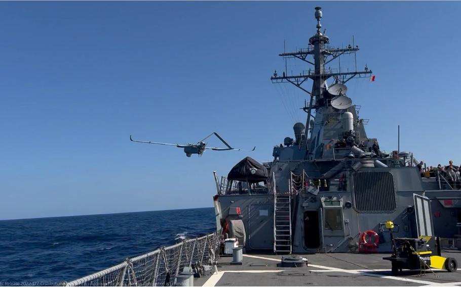 An Aerosonde drone system launches from the guided-missile destroyer USS Higgins, April 4, 2022. 