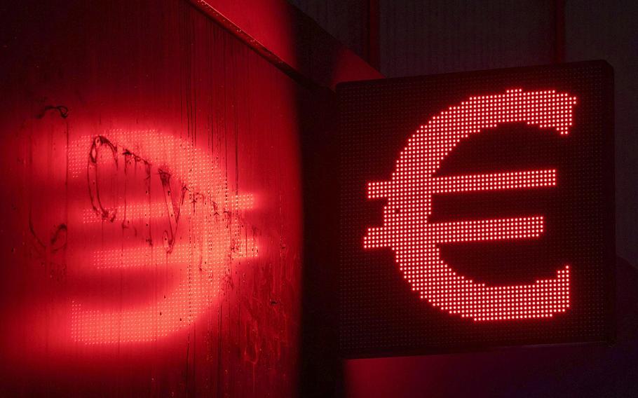 A euro symbol at a currency exchange bureau in Moscow, Russia, on Tuesday, Dec. 7, 2021. 