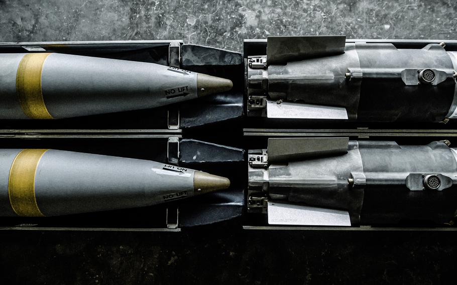 Four GBU-39 small diameter bombs sit in the munitions storage area at Al Udeid Air Base, Qatar, in November 2020. American troops at Al Udeid and Camp Arifjan, Kuwait, were put at risk after officials tasked with storing munitions at the bases failed to do so properly, the Defense Department’s Inspector General determined.