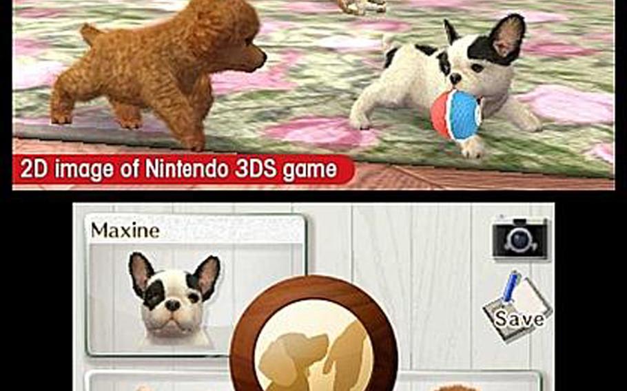 In this video game image released by Nintendo, puppies frolic in a scene from "Nintendogs + Cats." 