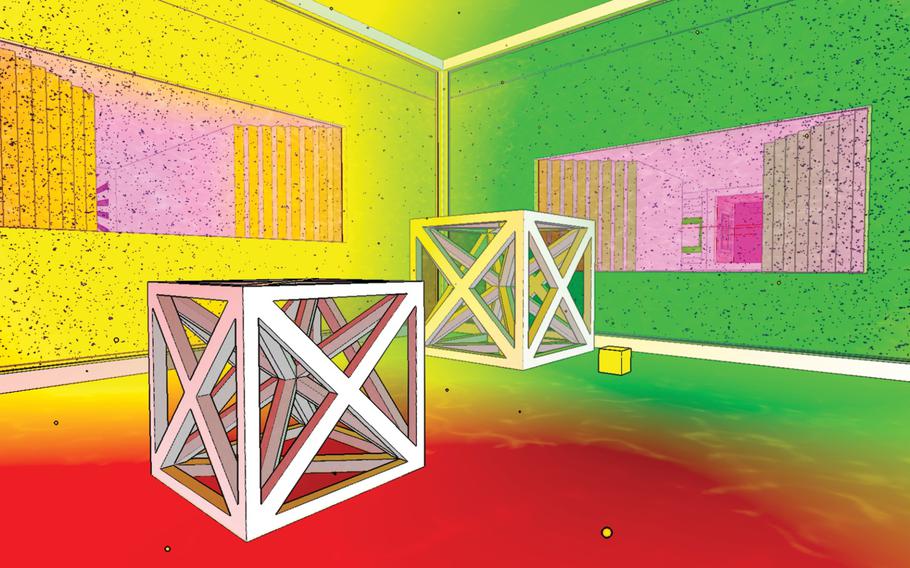 In a few instances, Antichamber gives you objects to interact with. Here, these two blocks slide along the floor.