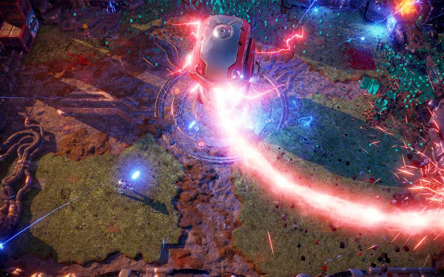 In "Nex Machina," you play as a robot-killing soldier who must mow down waves of enemies before proceeding to the next section.