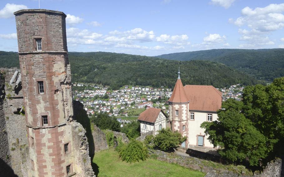 A view of the grounds of Dilsberg Fortress, including its rebuilt hexagonal main tower, at left. The tower and an adjoining wall provide 360-degree views of the Neckar River valley and Odenwald forest.