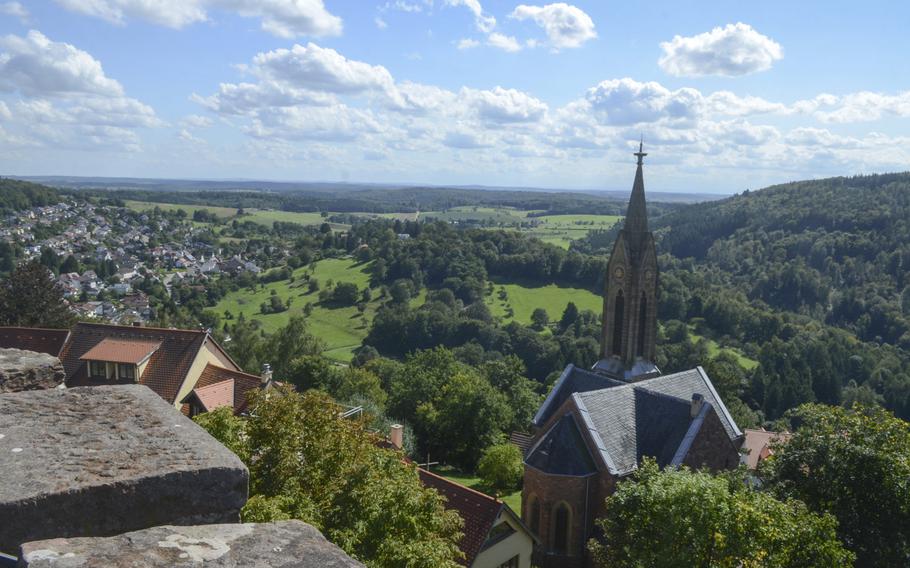 A view of the countryside around the Baden-Wuerttemberg town of Neckargemuend from atop Dilsberg Fortress' rebuilt main tower. The fortress was the site of intense fighting during the Thirty Years' War.