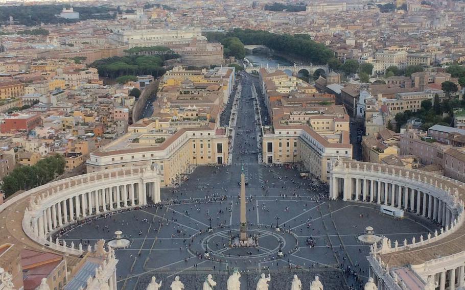 View of Vatican City from the top level of the St. Peter's dome. 