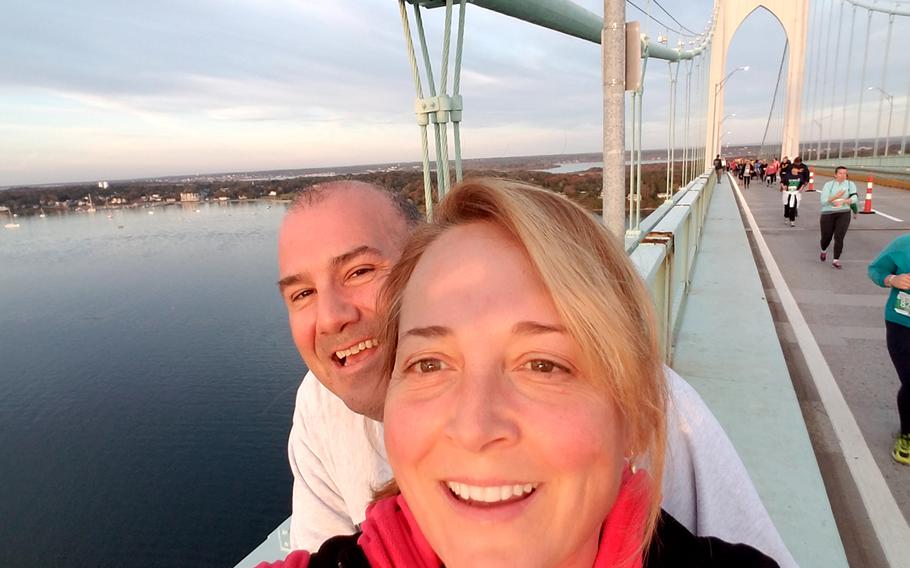 Columnist Lisa Smith Molinari and her husband, CPT Francis Molinari (Ret) USN, take a selfie on the top of the Pell Bridge.