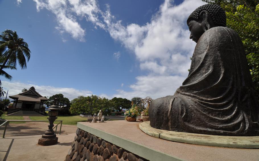 Lahaina Jodo Mission in Lahaina on Maui, Hawaii, features one of the largest statues of Buddha outside of Asia. It’s free to visit the site, and donations are welcomed.