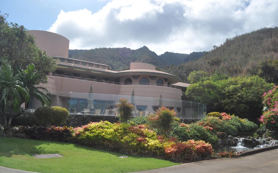 The main building at King Kamehameha Golf Club was crafted using designs by Frank Lloyd Wright. The pink building can be seen from around Maui.