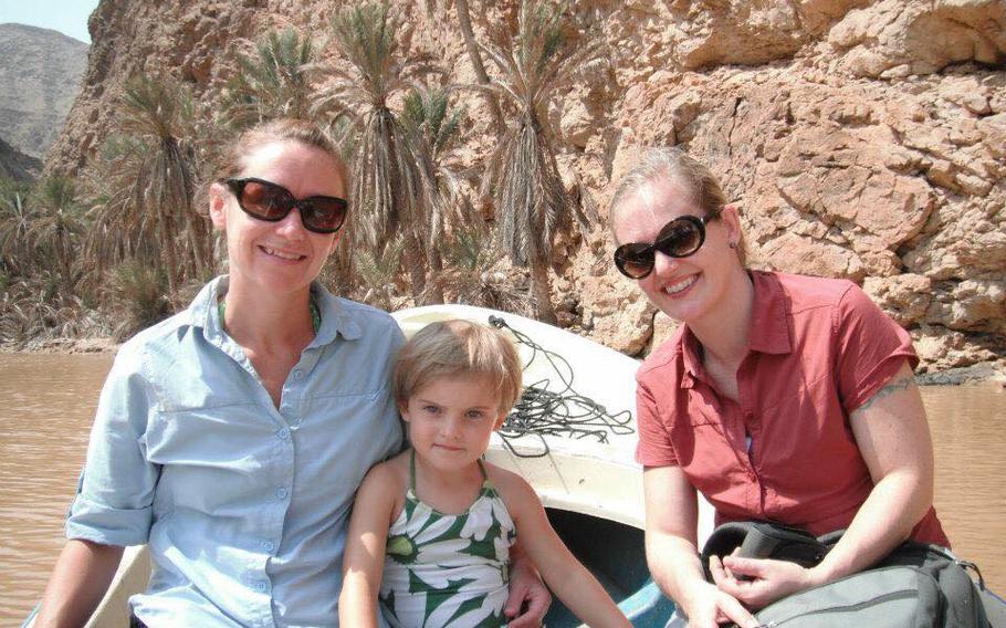 A better trip: Katie Monge; Maeve Evans and Siobhan Fallon in Wadi Shab, Oman, in 2011.