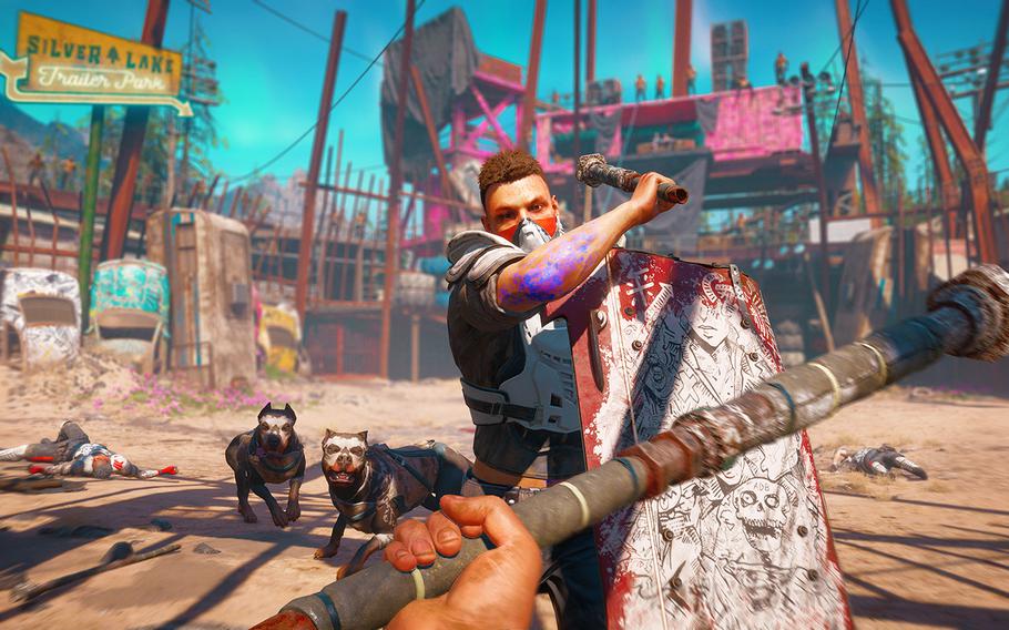 A Highwayman and a pair of dogs attack in a fighting pit run by the thuggish overlords of Hope County, Mont., in the game Far Cry New Dawn.