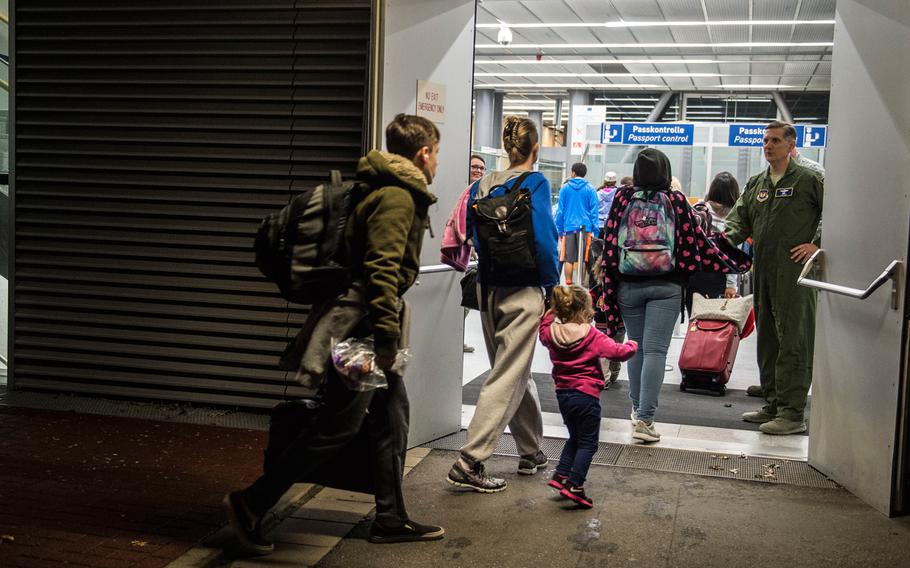 Lt. Gen. Timothy M. Ray, 3rd Air Force commander, welcomes the first group of Air Force families to Ramstein Air Base, Germany, after the ordered departure of dependents of service members and Defense Department civilian personnel currently stationed in Turkey, March 30, 2016.