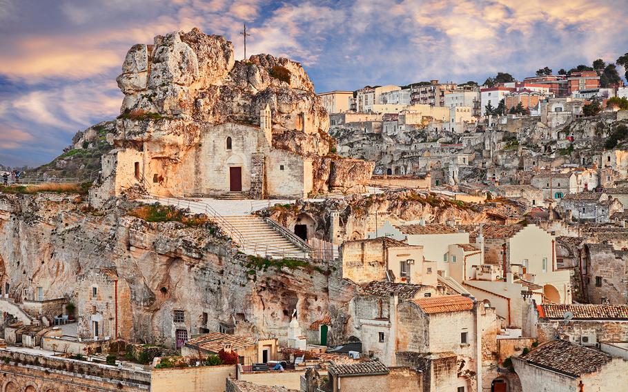 Buildings in the town of Matera, including the Santa Maria de Idris church, are hewn out of the rock in the Basilicata region of Italy.
