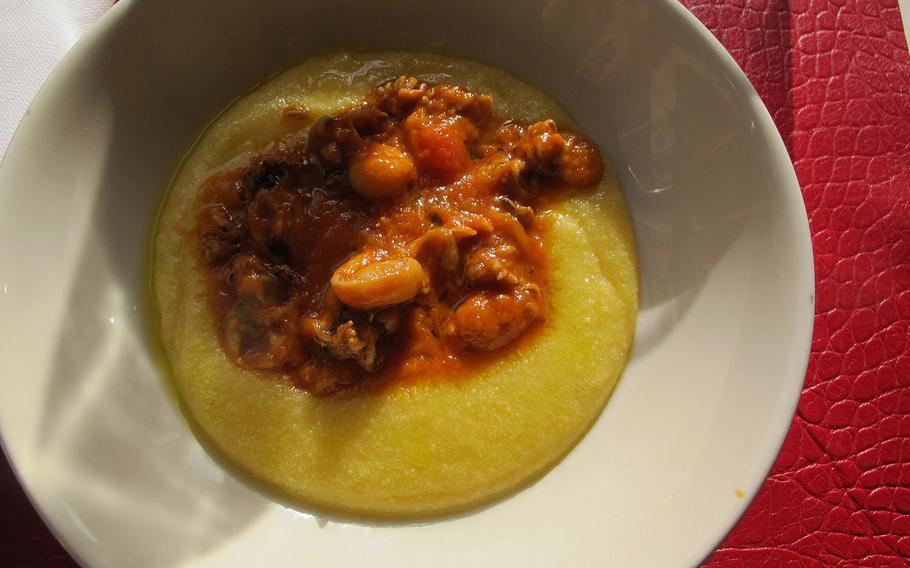 One of the starters at Biasio Centro in downtown Vicenza, Italy is seppie in humido with polenta. In English it sounds more humble: stewed cuttlefish on a bed of cornmeal porridge. 