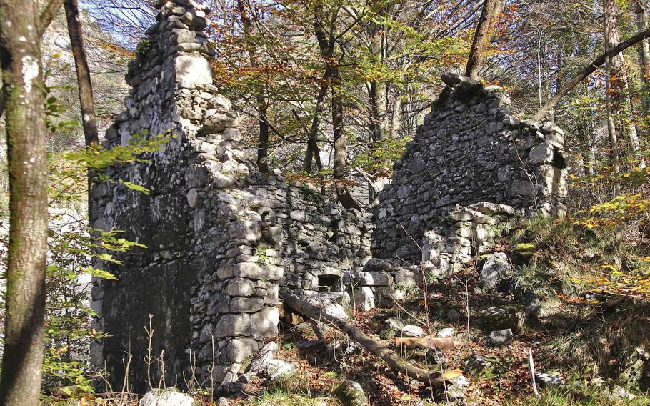 Ruins of an abandoned house in the Italian Alps, along a trail that leads to the ghost towns of Palcoda and Tamar, in Pordenone province, Italy.

