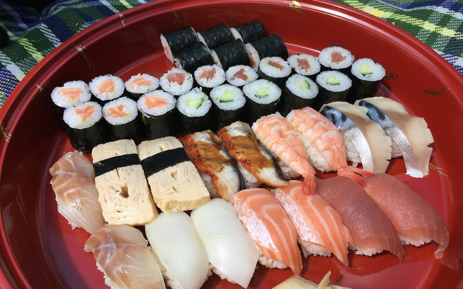 A platter of two combination sushi lunches and some added salmon rolls on a Sunday in May 2020 from Hashimoto in Saarbruecken, Germany. The offerings change based on availability.

