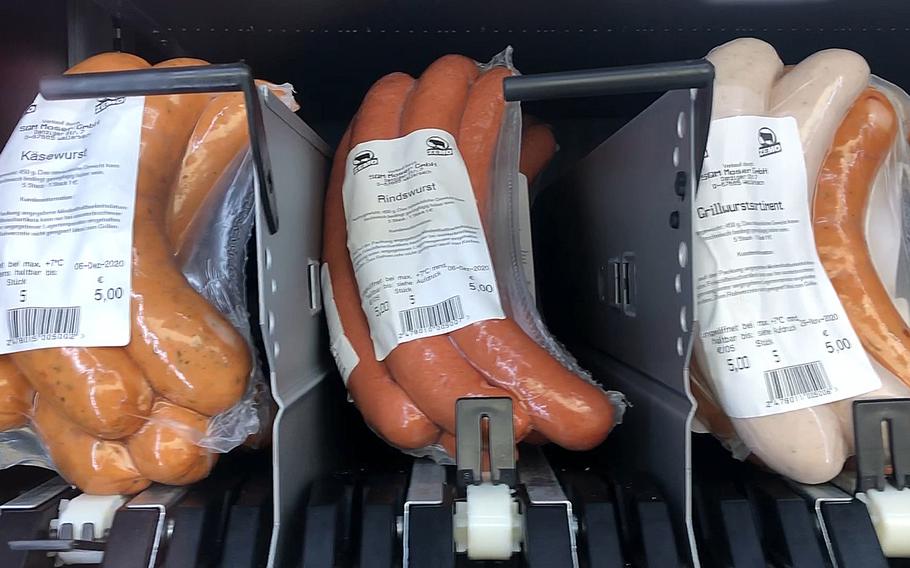 An assortment of sausages inside a chilled vending machine outside Zemo in Weilerbach, Germany. In addition to sausages, Zemo's four vending machines offer several cuts of meat, canned goods, cheese, beer, sparkling wine and children's toys. 