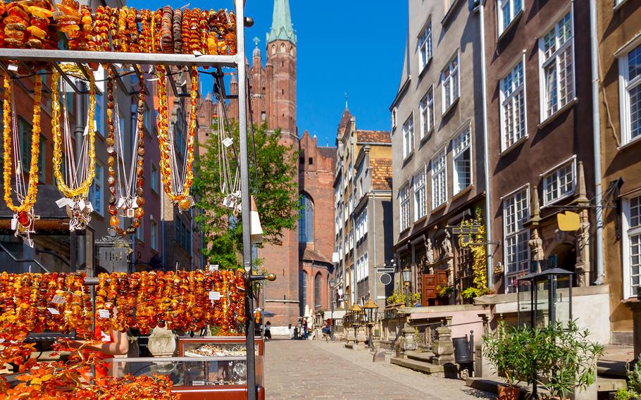 Traditional amber jewelry is amply available from vendors in the streets of Gdansk, Poland.