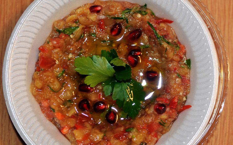 The baba ghanoush from Chateau Kefraya is a finely diced roasted eggplant, mixed with tahini paste, garlic and lemon juice, and topped with olive oil and pomegranate seeds.
