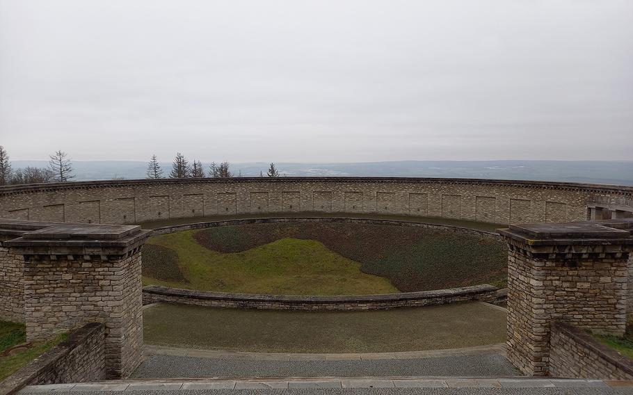One of the three mass graves at Buchenwald, Germany. The graves are focal points in the memorial site built at the former Nazi camp by the East German government.
