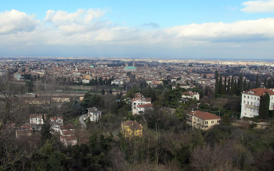 The view extends for miles at the parking lot of the Santuario della Madonna di Monte Berico, from the city of Vicenza to Monte Grappa, the foothills of the Alps and the Venetian Lagoon.