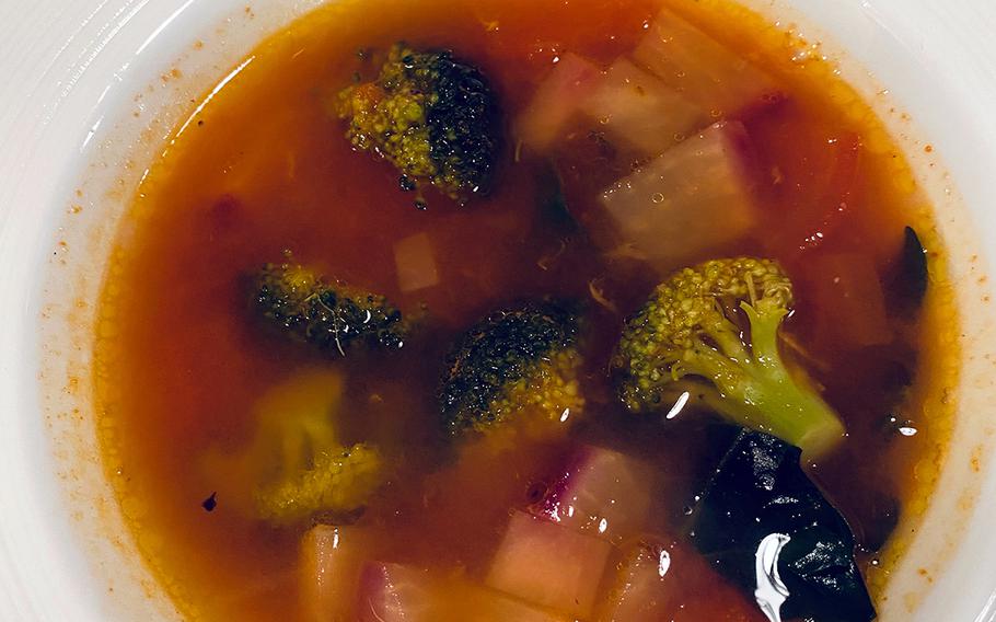 The hearty minestrone soup from Kitchen Bitte includes sizeable chunks of an assortment of vegetables. The steamy broth and its lovely flavor improve with every bite. 