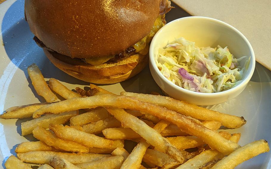 The single-patty classic burger from Under the Cascade in Tachikawa, Japan, features smokey, caramelized onions and a perfect dollop of mustard.