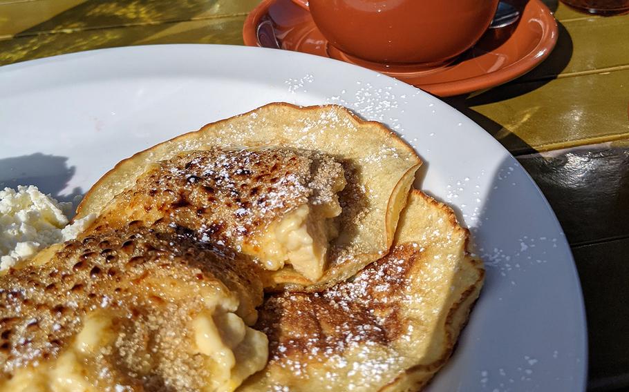 The creme brulee pancakes from Under the Cascade in Tachikawa, Japan, are not quite a pancake and not quite a crepe.