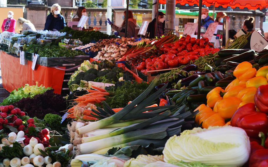 Fresh vegetables on sale at the Wiesbaden, Germany, farmers' market on March 3, 2021.