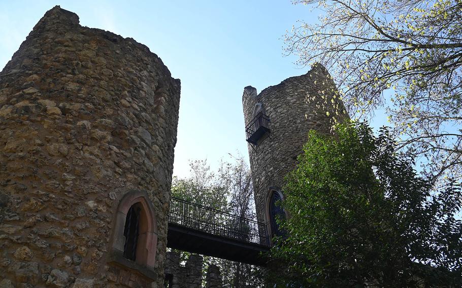 The towers of the faux castle ruins at Verna Park in Ruesselsheim, Germany. Established in the mid-1800s by Baroness Wilhelmine von Verna, it was sold to the city in 1911 and has since been a public park. Unfortunately, you can't go inside the castle.
