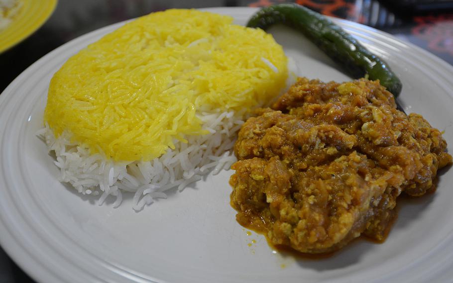 The smoky eggplant with saffron basmati rice delivered by Termeh in Kaiserslautern, Germany. The Persian restaurant has become one of the better delivery options in the city since the pandemic began.