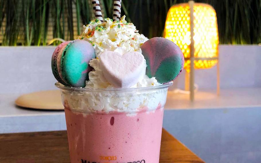 "Macaccinos" from Tokyo Maca Presso are blended coffee drinks topped with whipped cream, marshmallows, candies and miniature macarons. 