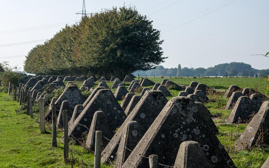 The Siegfried Line’s distinctive “dragon’s teeth” anti-tank obstacles delineate this portion of the World War II defense system in Germany.
