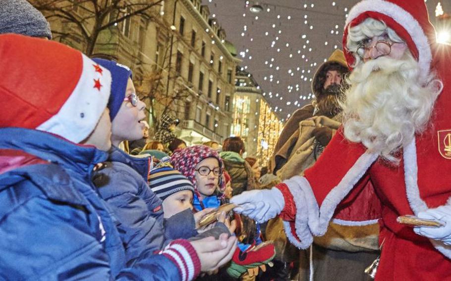 The Samichlaus-Einzug, or Santa Claus Parade, in Zurich, Switzerland, takes place Nov. 24 at 5 p.m. Zurich’s version of Santa Claus, known as Samichlaus, and his assistants hand out gingerbread cookies to children as they process in a parade along the Bahnhofstrasse. Admission is free. 
