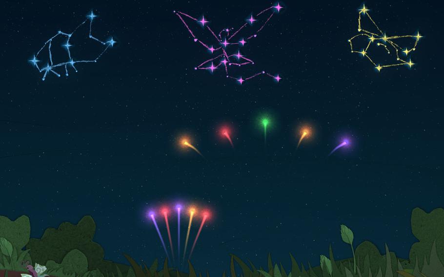 Each segment of "Ephemerid: A Musical Adventure" introduces a new gameplay element, like this part where flicking stars to their matching colors adds to the constellation. 
