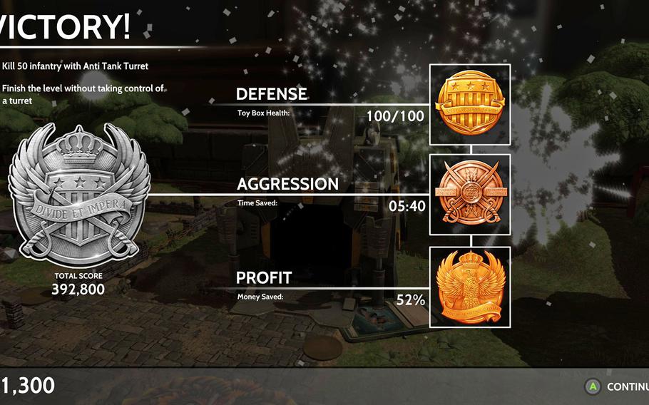 Progressing through the single player campaign in "Toy Soldiers: War Chest" nets coins that can then be used to upgrade individual armies. Meeting certain milestones during each skirmish will also unlock unit upgrades. 