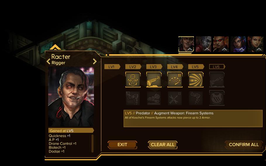 The colorful cast of characters in "Shadowrun: Hong Kong" develop along two different tracks. For example, Racter here can have his drone become of a long range specialist or a close-quarter combatant. 