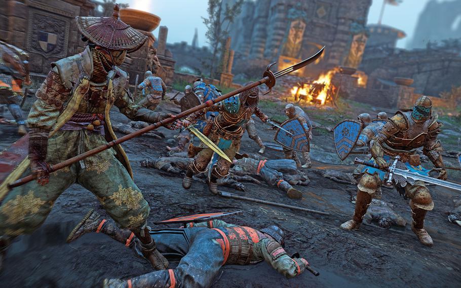 A Japanese Nobushi, left, faces a European knight in a Dominion multiplayer match in “For Honor.”