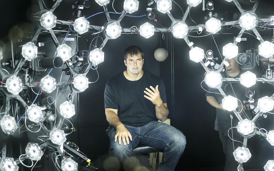 Alejandro Villanueva, former Army Ranger and current NFL star, is playing a role in this year's "Call of Duty: WWII."  Here, Villanueva gets ready for his motion capture session. 
