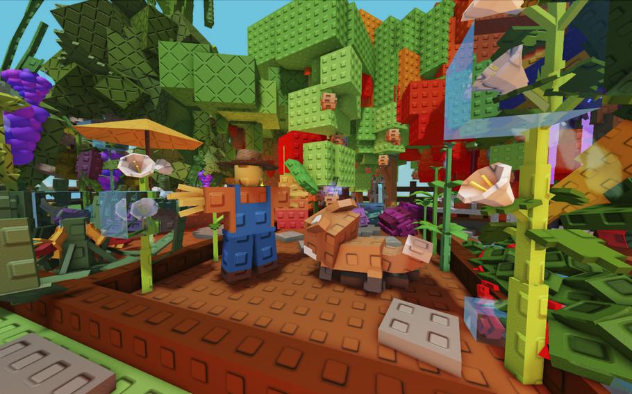 A screenshot from a video game shows brightly-colored blocks that depict a garden.