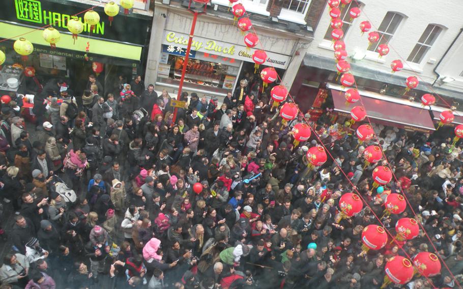 A bird's-eye view of a street in Chinatown shows the crowd gathered to celebrate the Chinese New Year festival in London on Feb. 6.