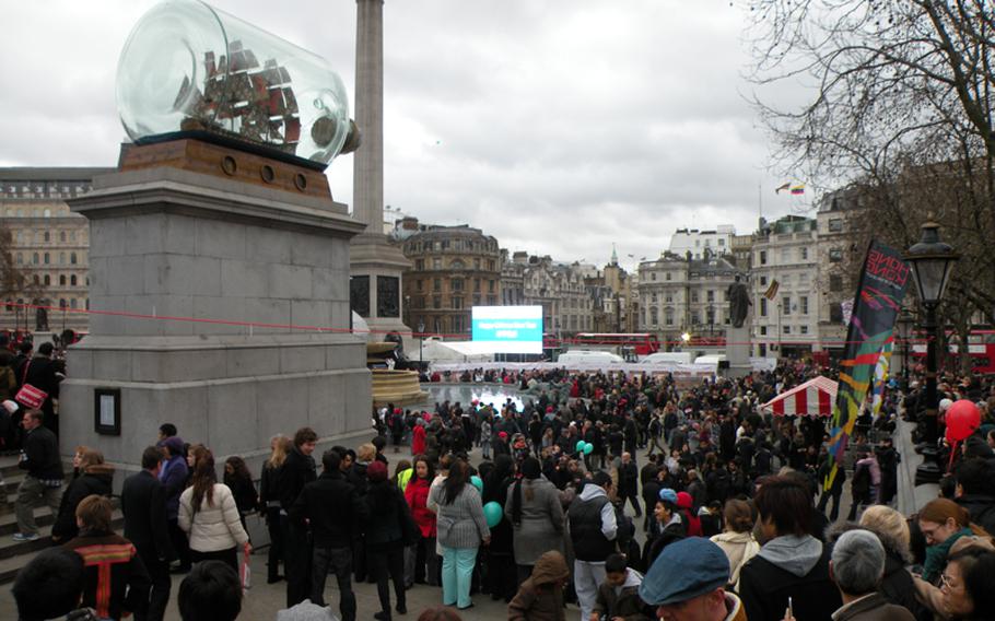 Hundreds of people filled London's Trafalgar Square to kick off the Chinese New Year festival Feb. 6.