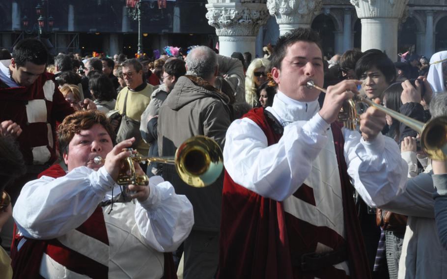 Venice touts itself as a feast for the senses during Carnevale, but much of the festivities center around colorful (and sometimes garish) sights. There are occasional bursts of sounds, though, including parades led by groups of costumed revelers blowing trumpets and thumping on drums.