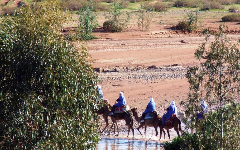 A caravan of camels passes by a casbah complex near Marrakech.